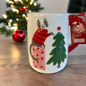 NEW Lang Gray Cat in Sweater Trimming Christmas Tree & Stars 16oz Coffee Tea Mug